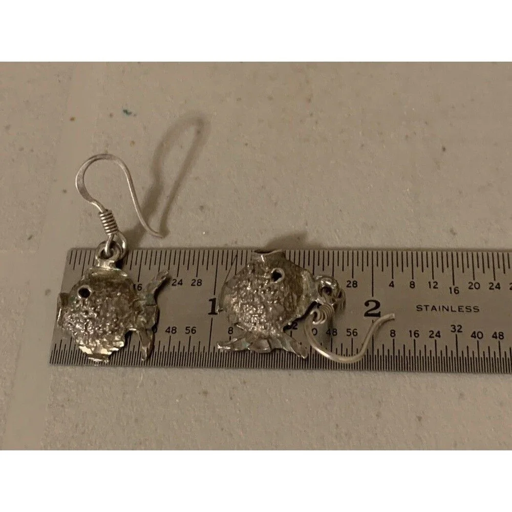 Vintage Sterling Silver Puffy Blow Fish Earrings Dangle Drop